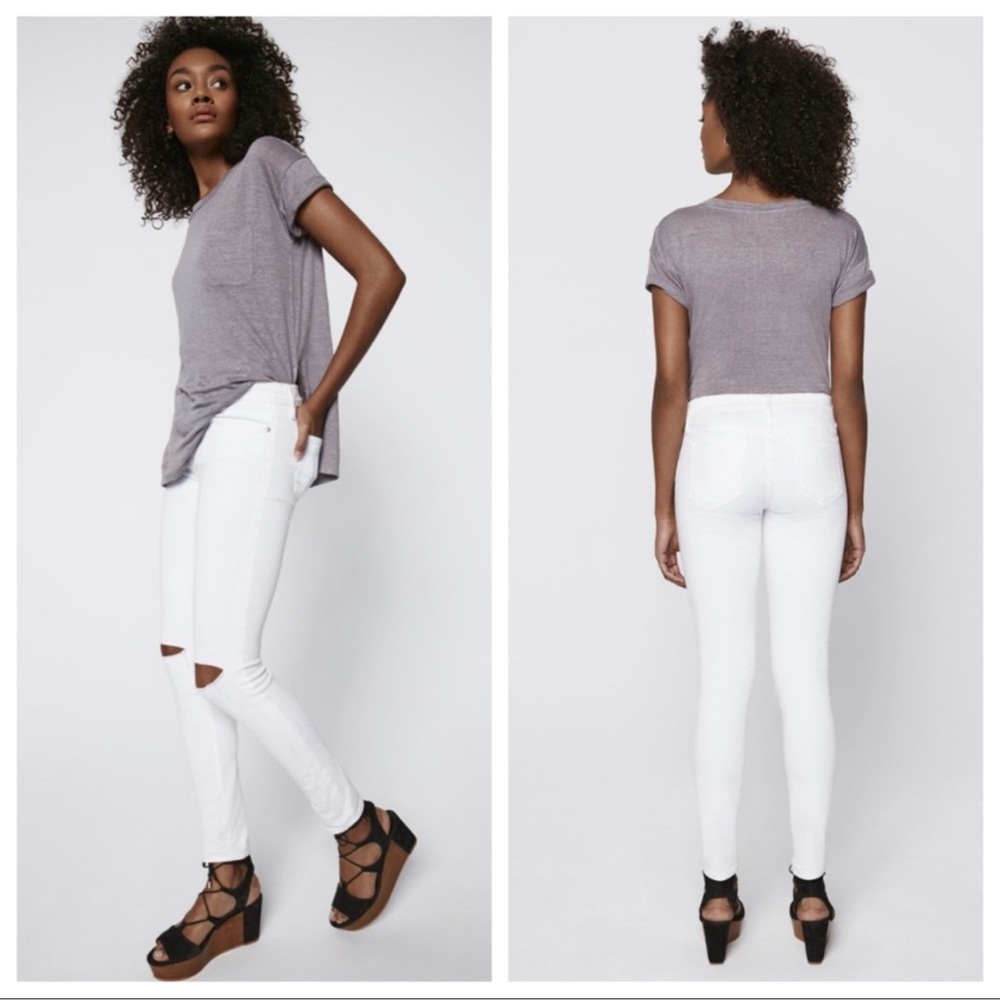 Rebecca Minkoff Thompson twill midrise skinny jeans white distressed at knees